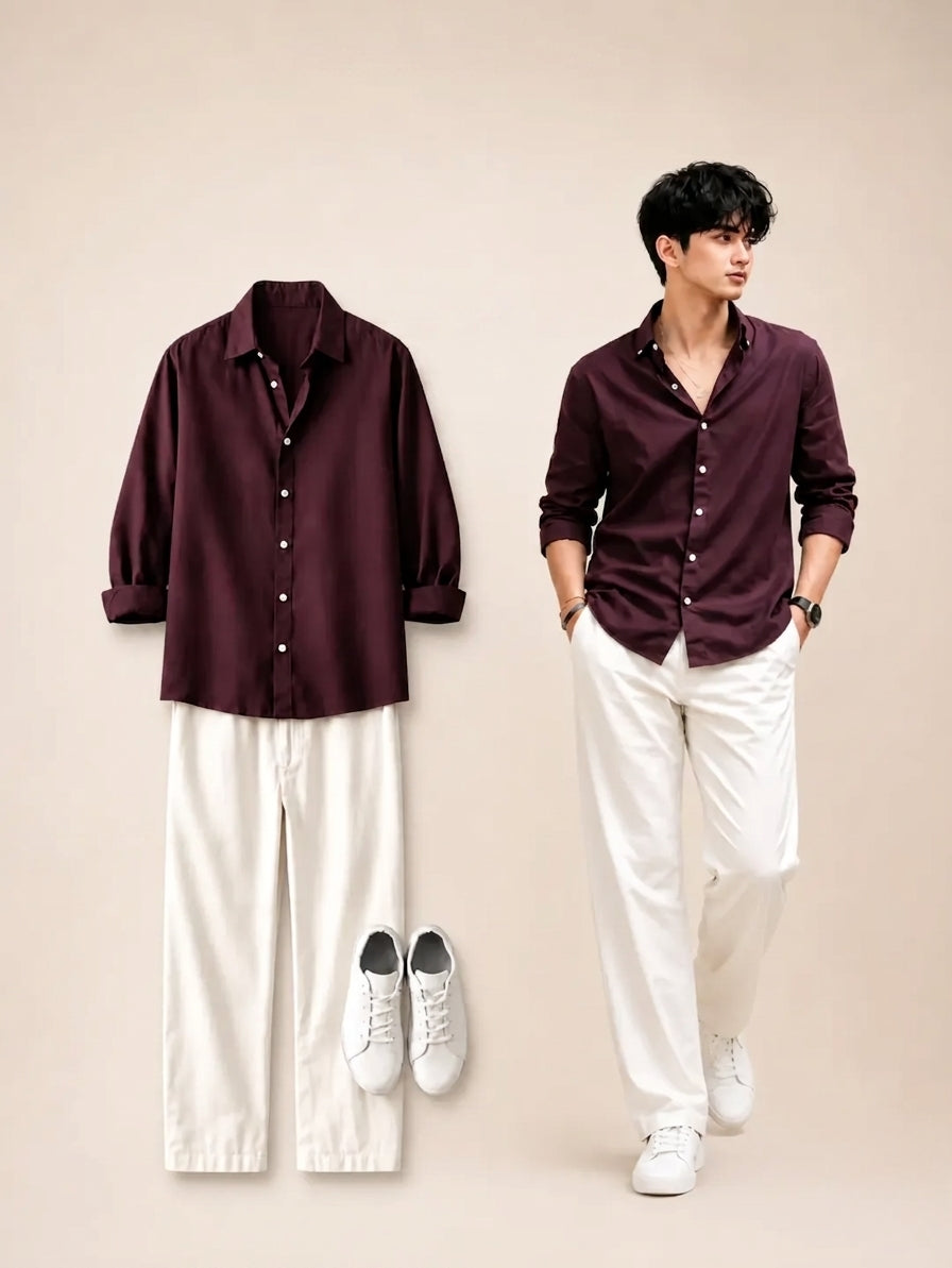 Maroon Shirt & Wide-Leg Pants Set