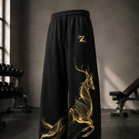Black Golden Deer Graphic Wide Leg Track Pants