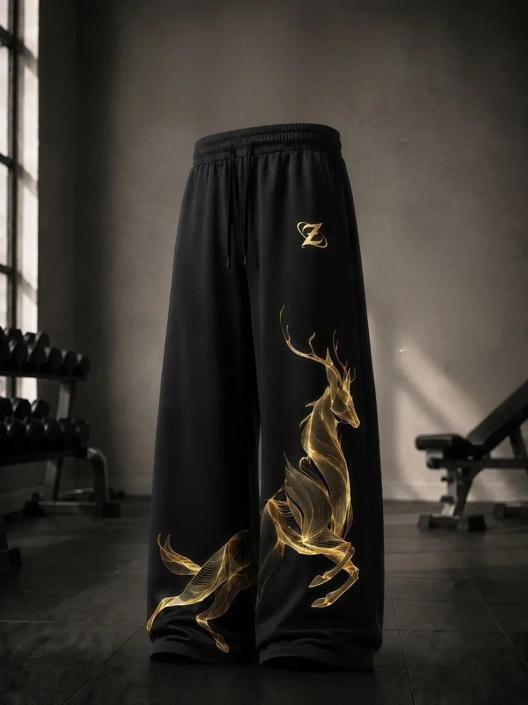 Black Golden Deer Graphic Wide Leg Track Pants