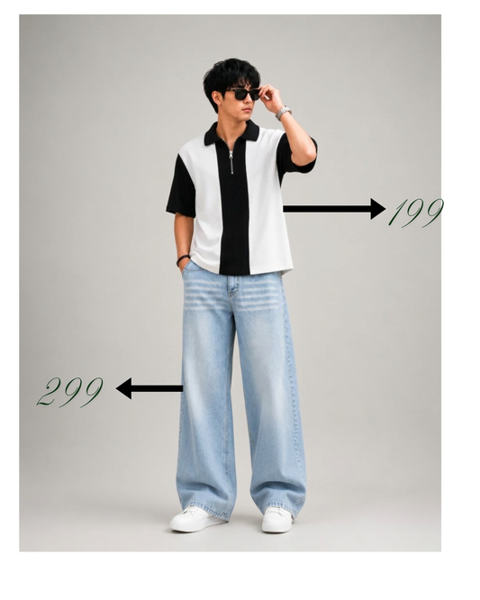 Monochrome Edge: Zip-Up Polo & Baggy Denim Set