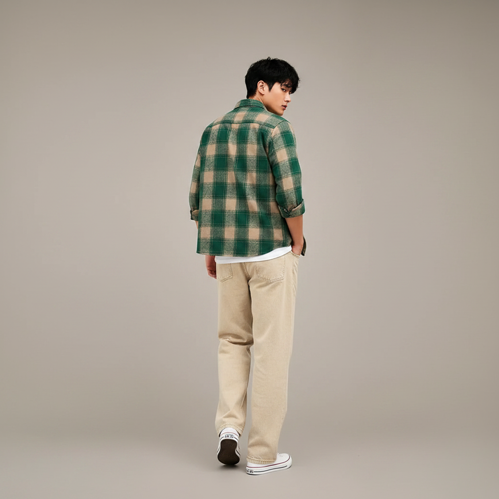 Green Plaid Flannel Shirt & Wide-Leg Pants Set