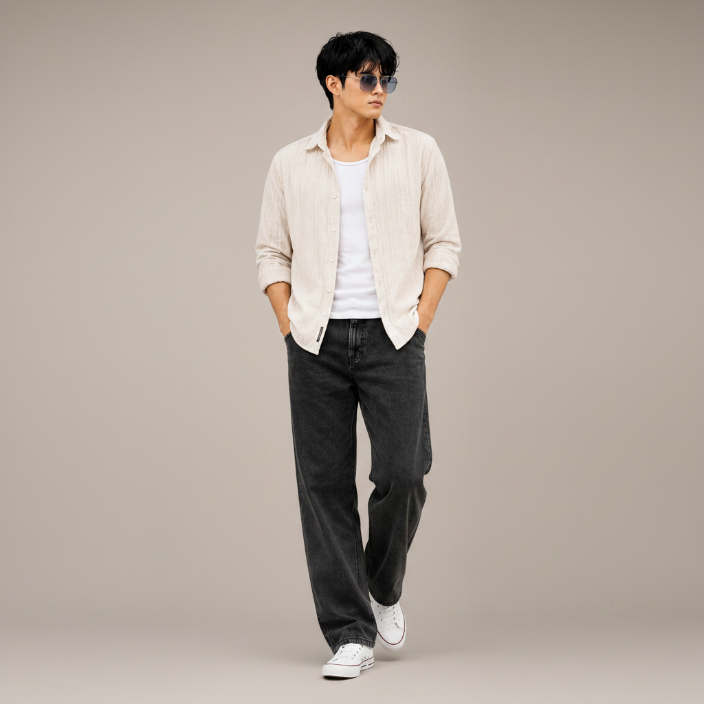 Men's Oversized Cream Textured Shirt – Relaxed Casual Fit