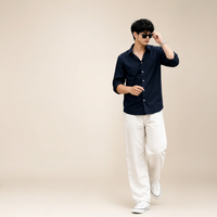 Navy Blue Shirt & Wide-Leg Pants Set