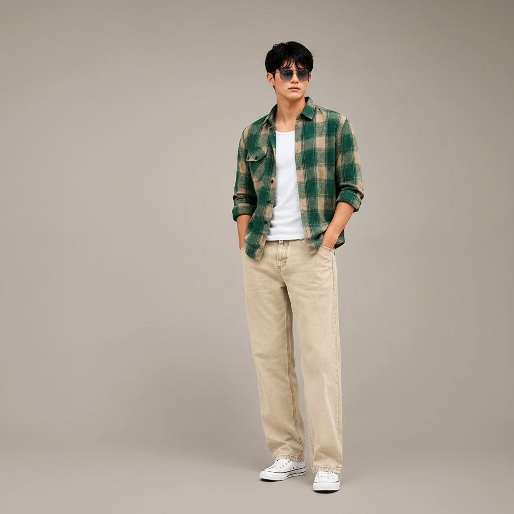 Green Plaid Flannel Shirt & Wide-Leg Pants Set