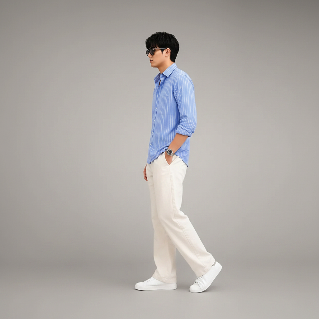 Blue Striped Shirt & Wide-Leg Pants Set
