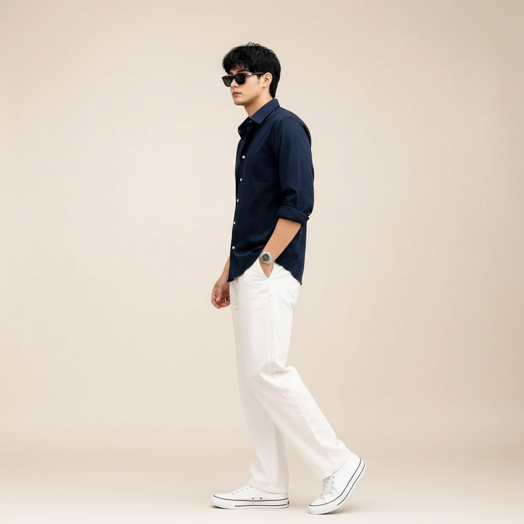 Navy Blue Shirt & Wide-Leg Pants Set